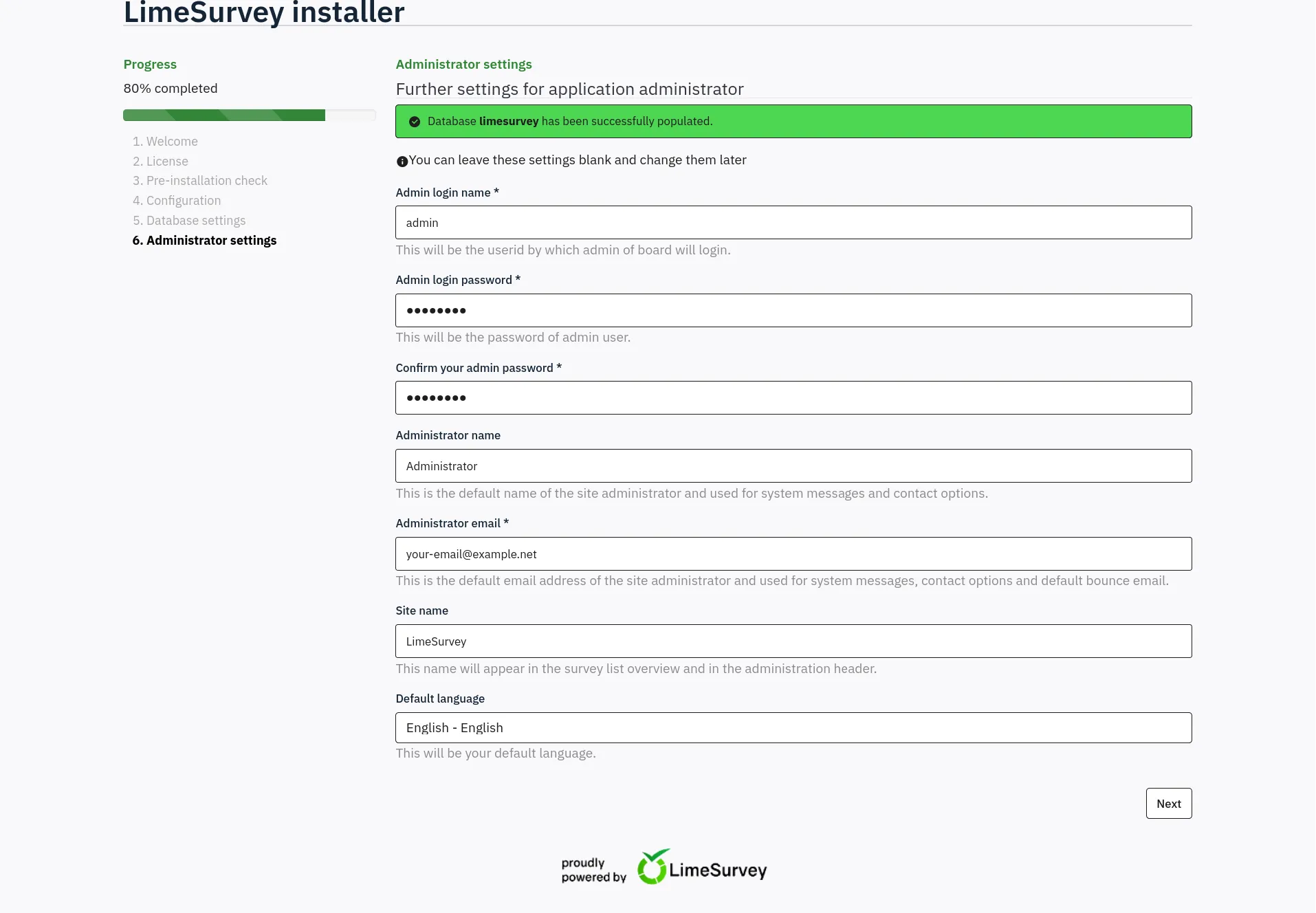 LimeSurvey administrator settings