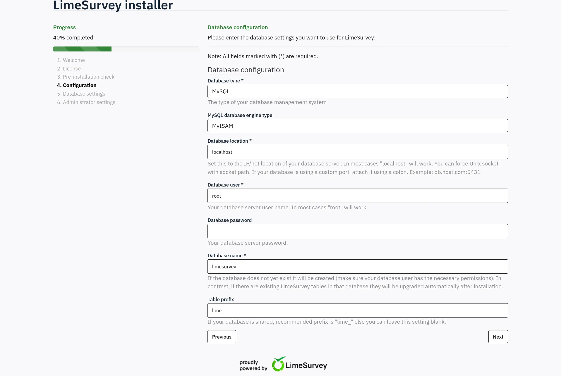 LimeSurvey database configuration (入力後)