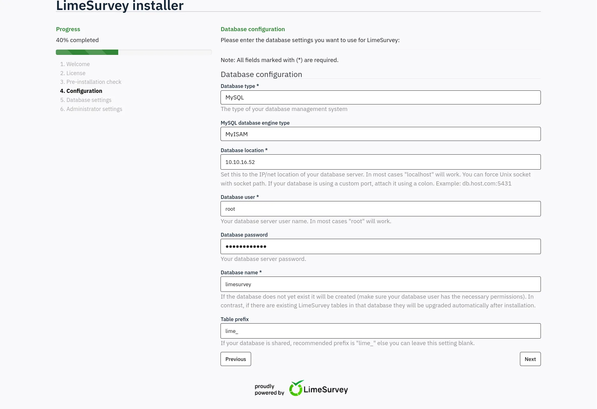 LimeSurvey database configuration (Kali IP)