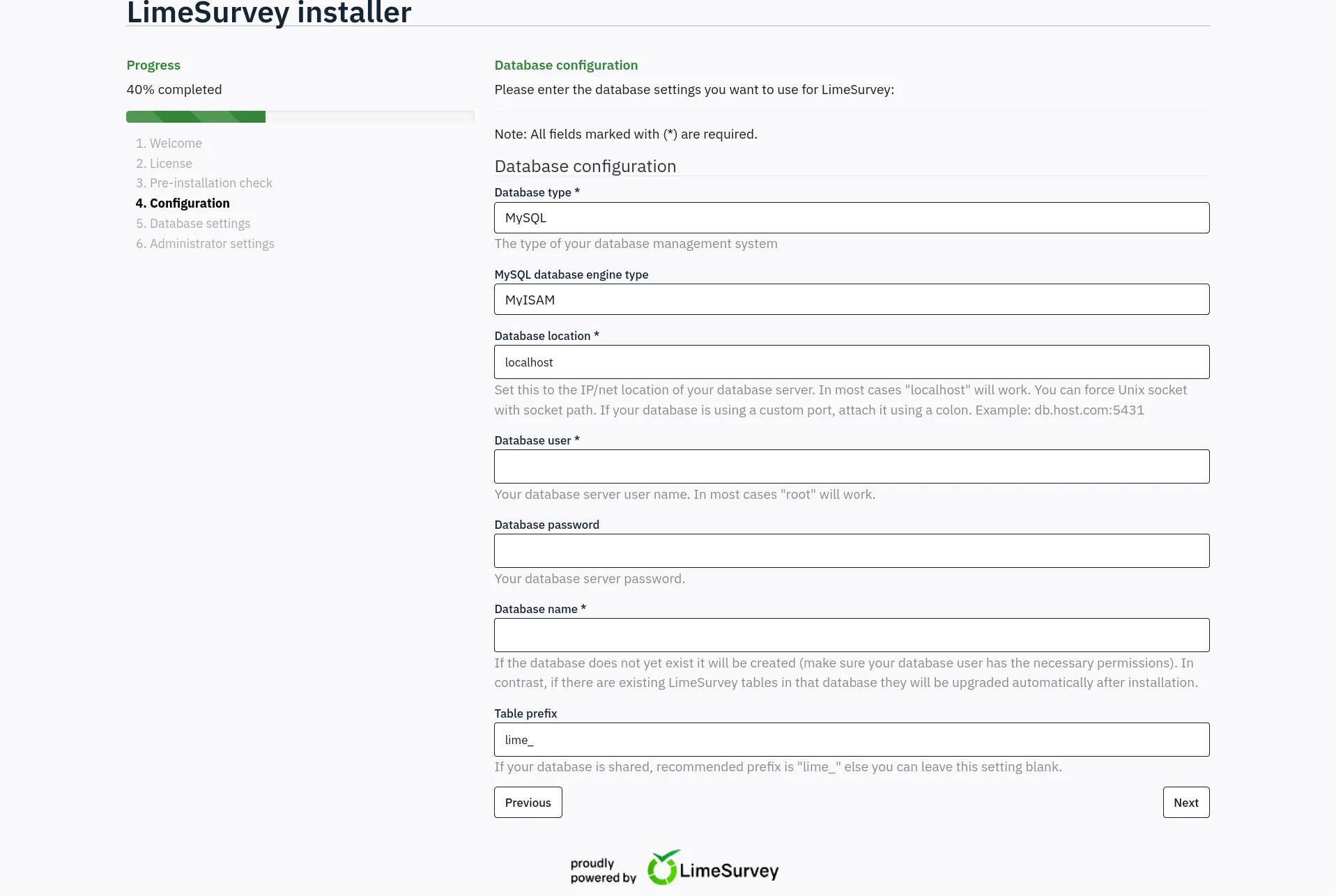 LimeSurvey database configuration