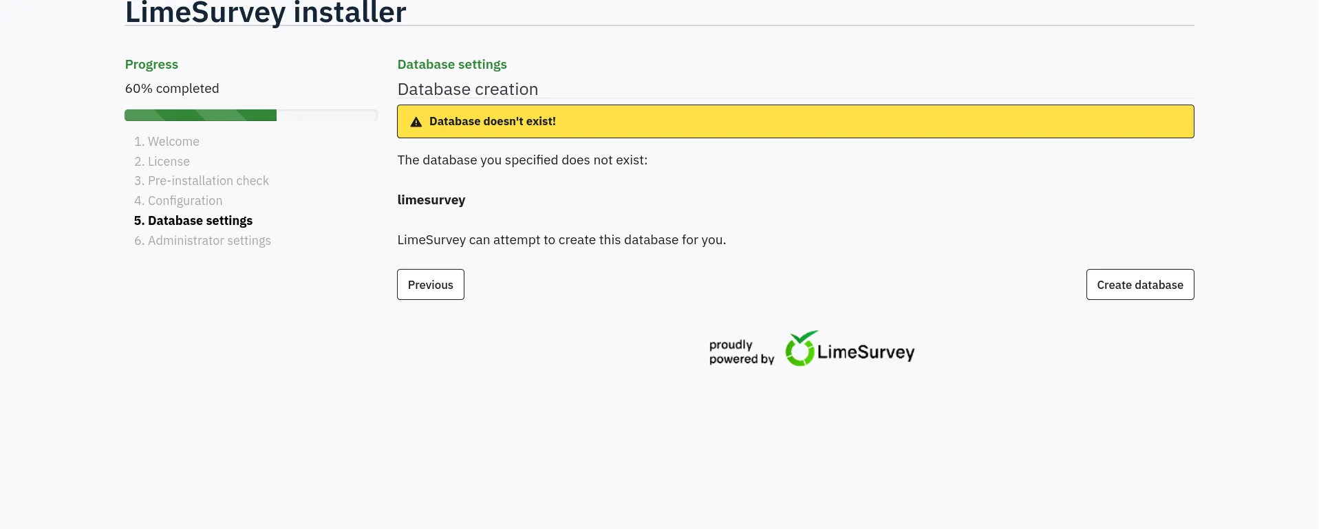LimeSurvey database creation