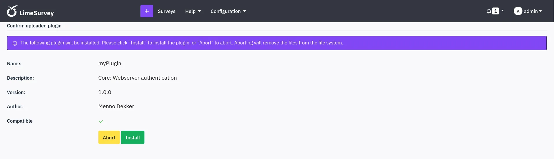 LimeSurvey plugin confirm