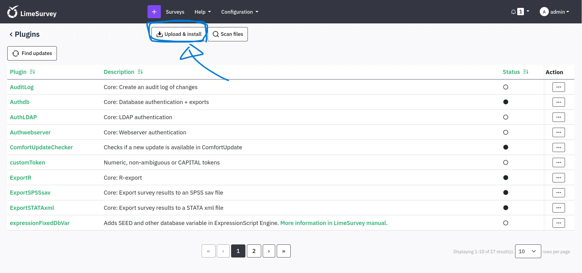 LimeSurvey plugins page