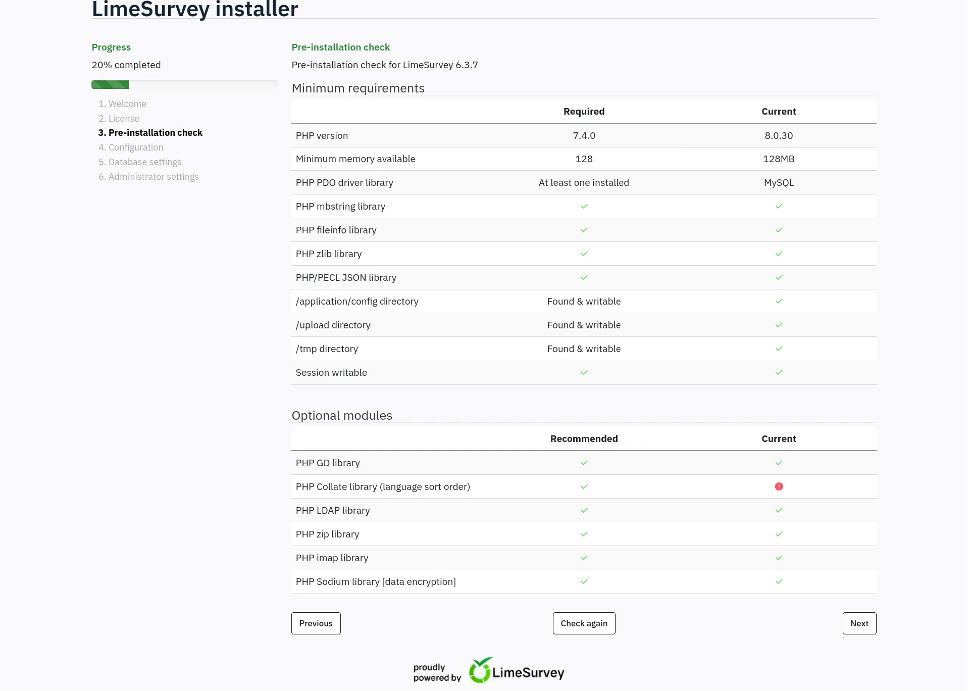 LimeSurvey pre-installation check