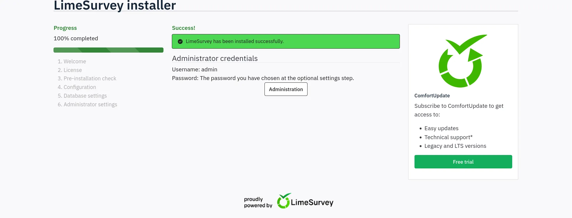 LimeSurvey installation success